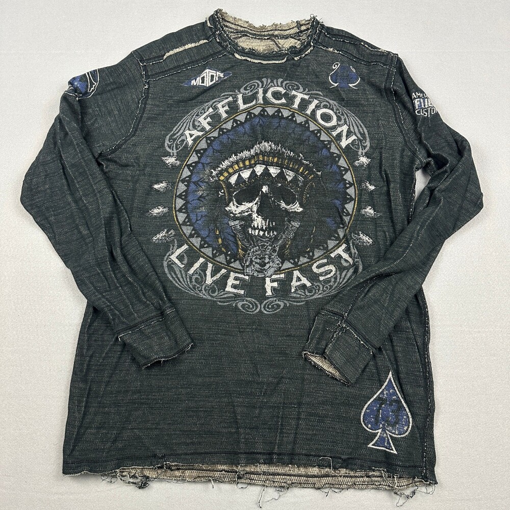 Vintage Affliction Shirt Men XL Black Reversible Thermal Live Fast Skull Graphic